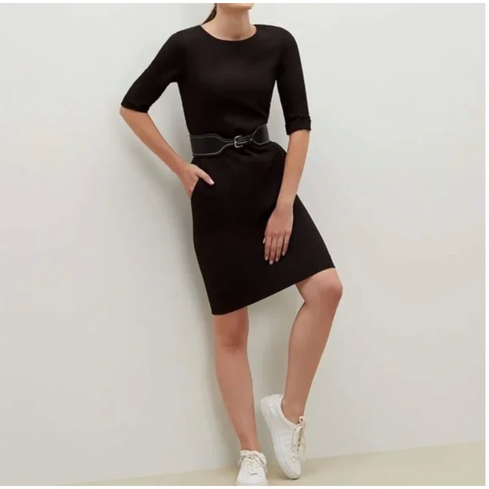 MM Lafleur Etsuko Dress 14 Black Sheath Academia Career Stretch Quiet Luxury - Picture 4 of 7